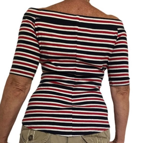 KAREN KANE Off Shoulder Red White  Blue Striped Contouring Normcore Top S - Picture 4 of 10